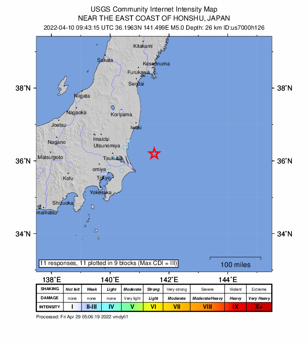 USGS DYFI community-reported intensity map for the M5.0 earthquake near 79 km NE of Hasaki, Japan