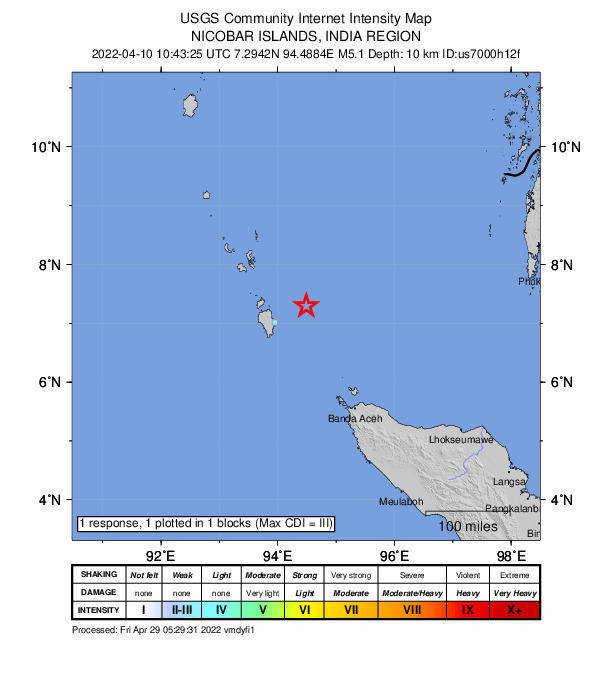 USGS DYFI community-reported intensity map for the M5.1 earthquake near 180 km NNW of Sabang, Indonesia