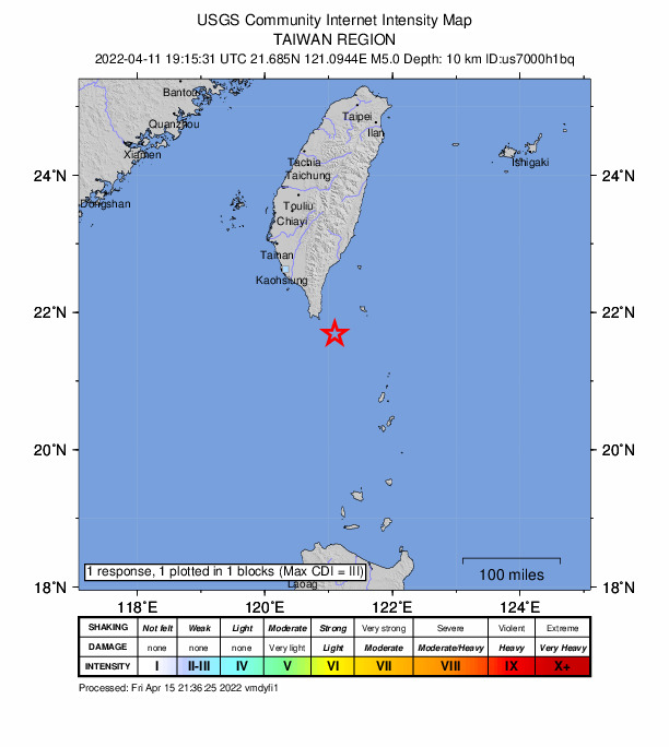 USGS DYFI community-reported intensity map for the M5.0 earthquake near 50 km SE of Hengchun, Taiwan