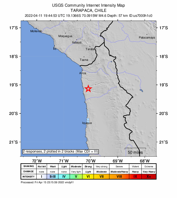 USGS DYFI community-reported intensity map for the M4.5 earthquake near 76 km SSE of Arica, Chile