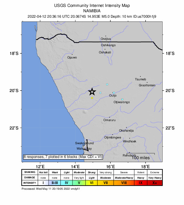 USGS DYFI community-reported intensity map for the M5.0 earthquake near 33 km N of Khorixas, Namibia