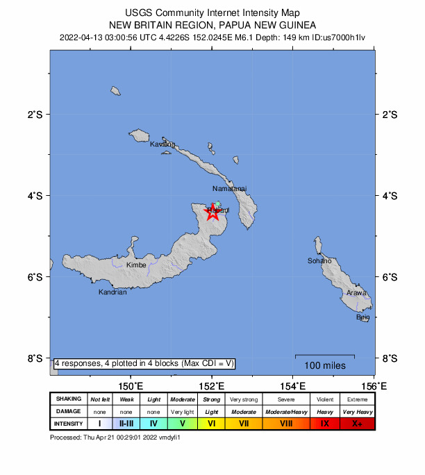 USGS DYFI community-reported intensity map for the M6.1 earthquake near 28 km WSW of Kokopo, Papua New Guinea