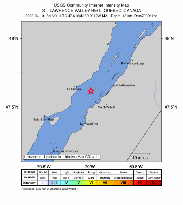 USGS DYFI community-reported intensity map for the M2.1 earthquake near 12 km ESE of La Malbaie, Canada