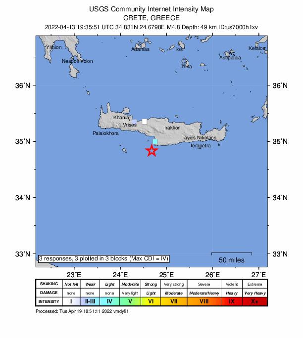 USGS DYFI community-reported intensity map for the M4.8 earthquake near 28 km SSW of Tympáki, Greece