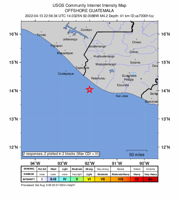 USGS DYFI community-reported intensity map for the M4.2 earthquake near near the coast of Chiapas, Mexico