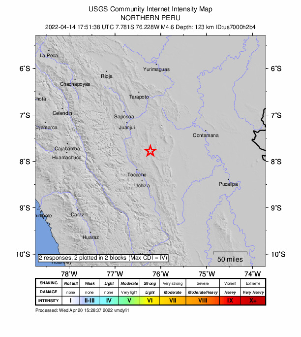 USGS DYFI community-reported intensity map for the M4.6 earthquake near 55 km NE of Tocache, Peru