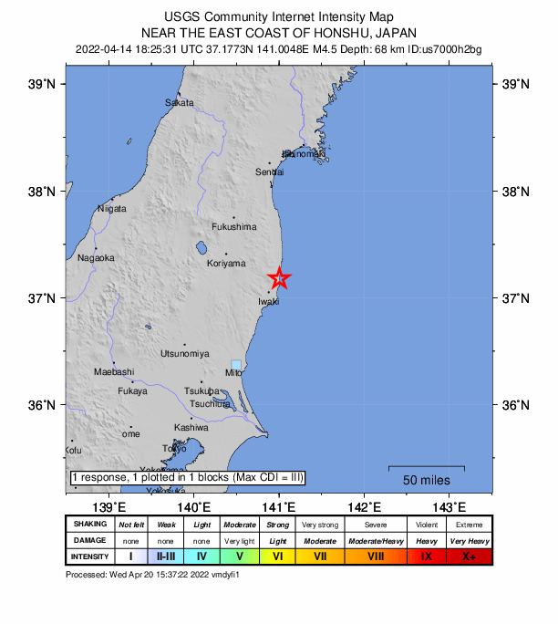 USGS DYFI community-reported intensity map for the M4.5 earthquake near 17 km NE of Iwaki, Japan