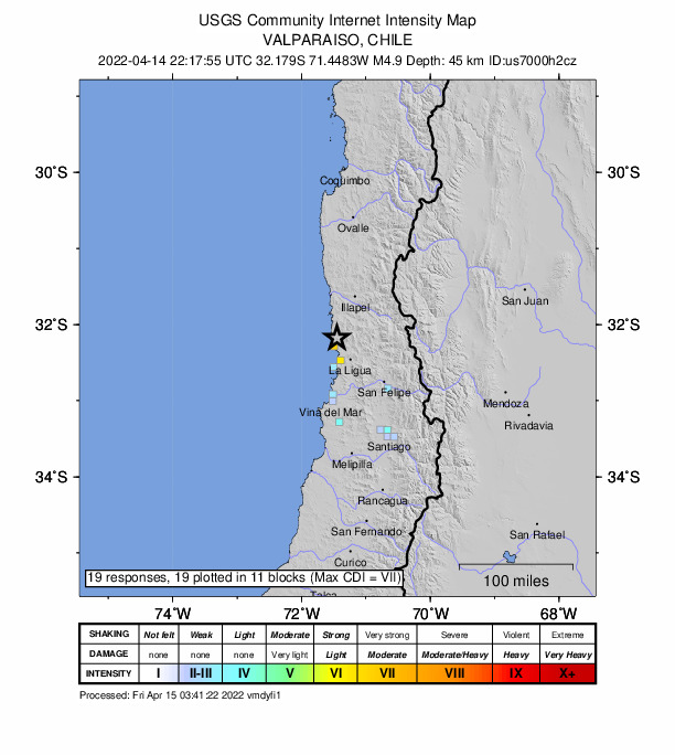 USGS DYFI community-reported intensity map for the M4.7 earthquake near 36 km NNW of La Ligua, Chile