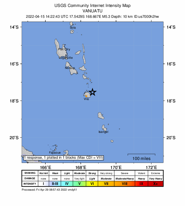 USGS DYFI community-reported intensity map for the M5.3 earthquake near 43 km ENE of Port-Vila, Vanuatu