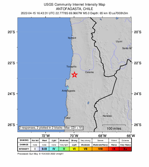 USGS DYFI community-reported intensity map for the M5.0 earthquake near 80 km SSE of Tocopilla, Chile