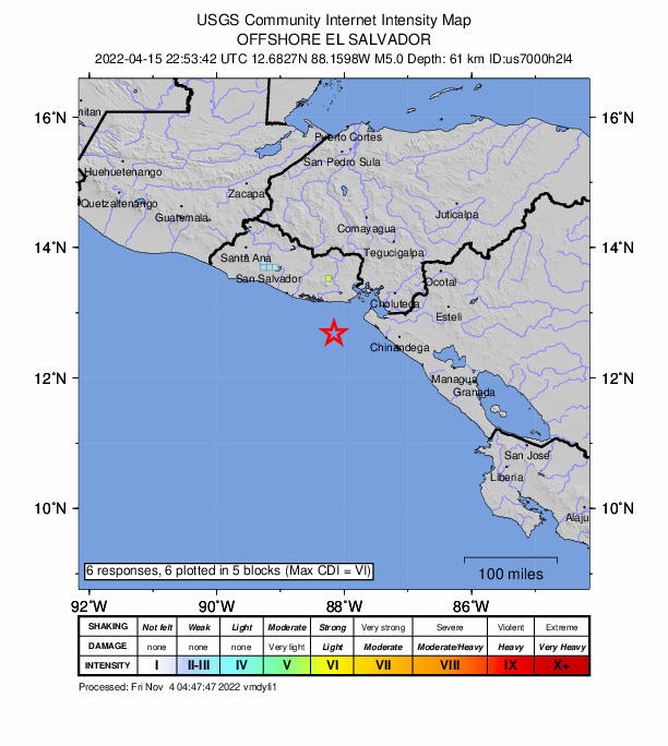 USGS DYFI community-reported intensity map for the M5.0 earthquake near 58 km SSW of Intipucá, El Salvador