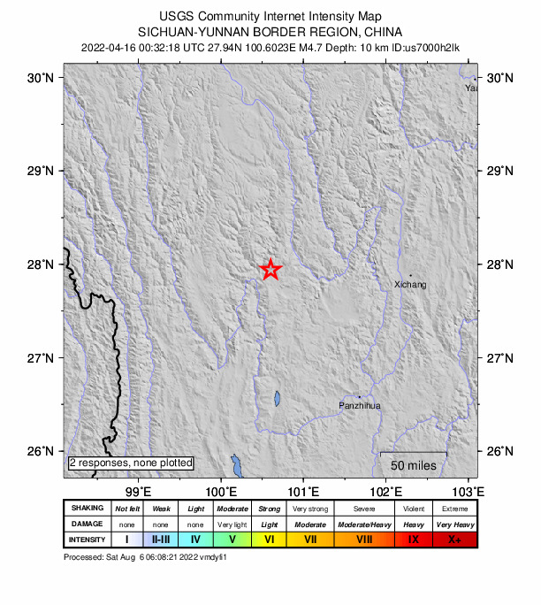 USGS DYFI community-reported intensity map for the M4.7 earthquake near 88 km E of Shangri-La, China