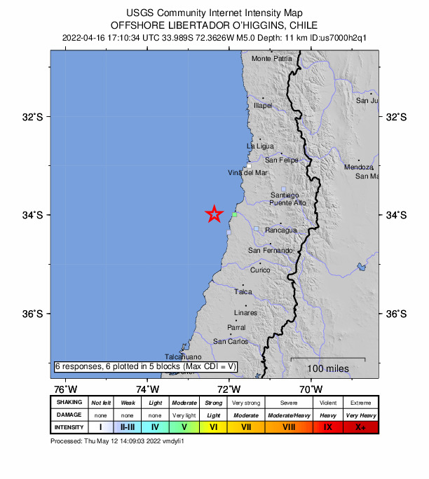 USGS DYFI community-reported intensity map for the M5.0 earthquake near 82 km WSW of San Antonio, Chile