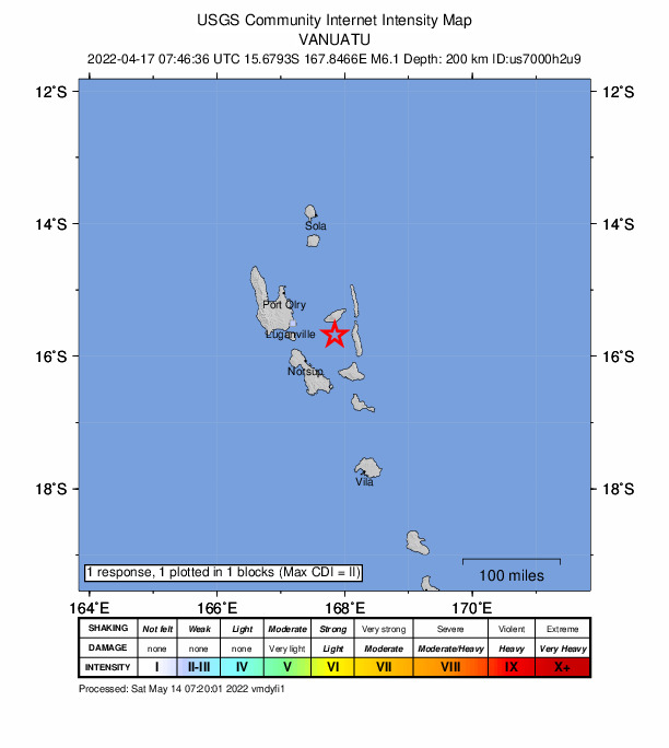 USGS DYFI community-reported intensity map for the M6.1 earthquake near Vanuatu