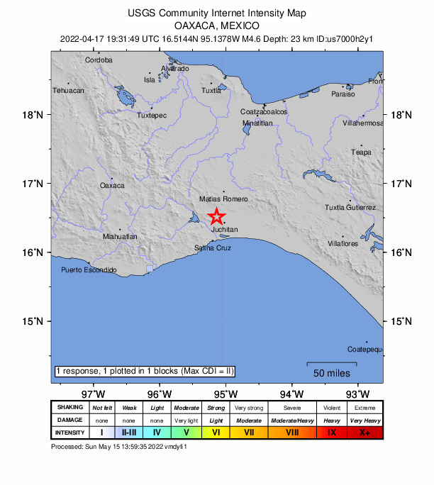 USGS DYFI community-reported intensity map for the M4.6 earthquake near Oaxaca, Mexico