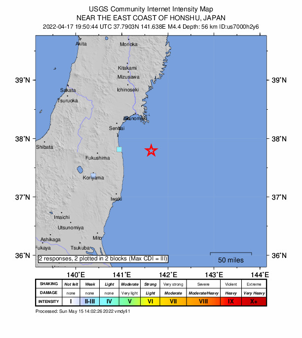 USGS DYFI community-reported intensity map for the M4.4 earthquake near 65 km ENE of Namie, Japan
