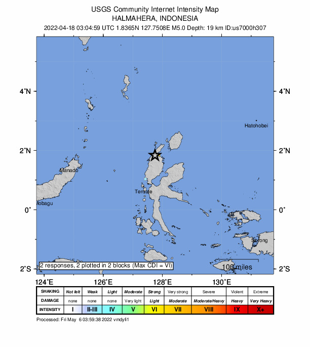 USGS DYFI community-reported intensity map for the M5.0 earthquake near 31 km WNW of Tobelo, Indonesia