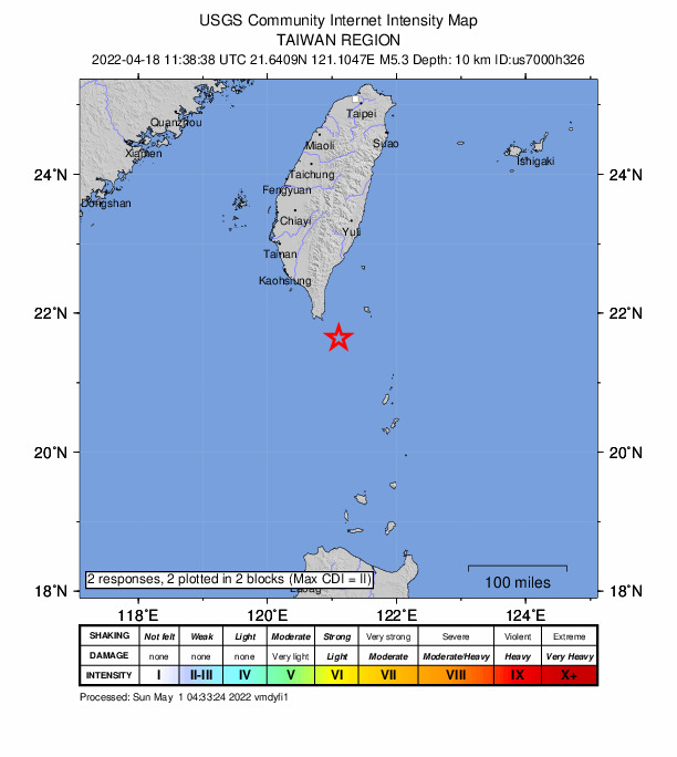 USGS DYFI community-reported intensity map for the M5.3 earthquake near 54 km SE of Hengchun, Taiwan