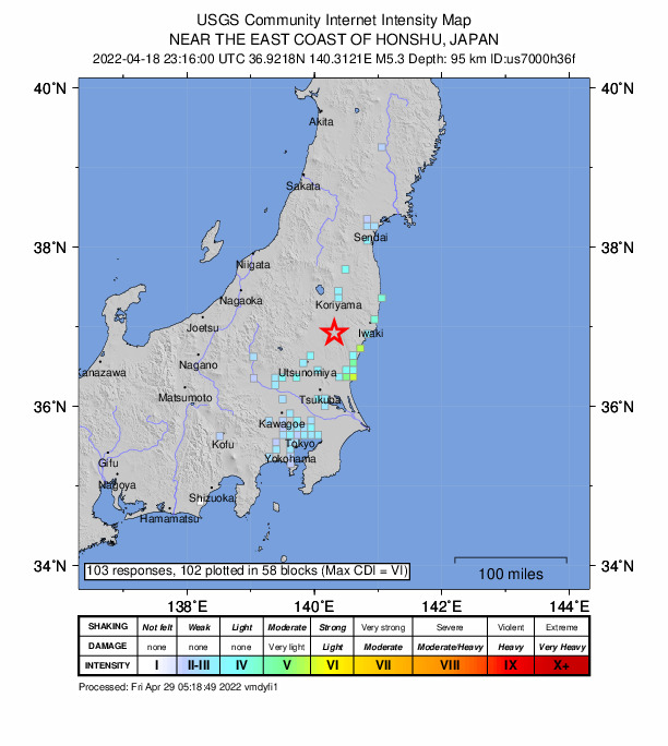 USGS DYFI community-reported intensity map for the M5.3 earthquake near 17 km N of Daigo, Japan