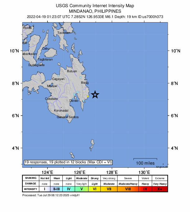 USGS DYFI community-reported intensity map for the M6.1 earthquake near 41 km E of Santiago, Philippines