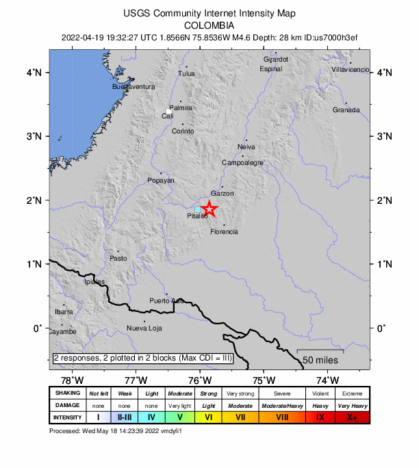 USGS DYFI community-reported intensity map for the M4.6 earthquake near 7 km NE of Acevedo, Colombia