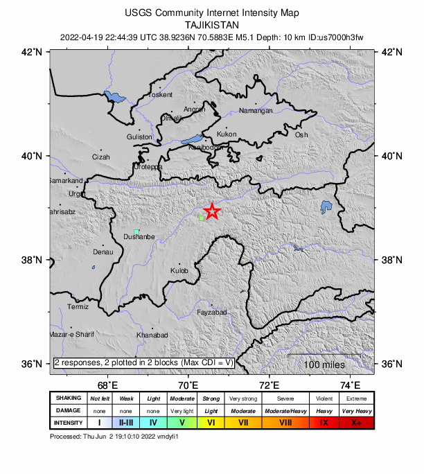 USGS DYFI community-reported intensity map for the M5.1 earthquake near 21 km ESE of Rasht, Tajikistan