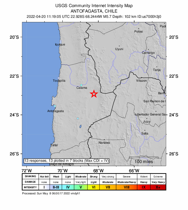 USGS DYFI community-reported intensity map for the M5.7 earthquake near 4 km WSW of San Pedro de Atacama, Chile