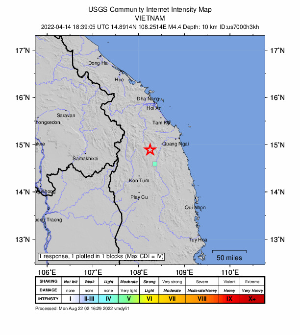 USGS DYFI community-reported intensity map for the M4.4 earthquake near 63 km WSW of Qu?ng Ngãi, Vietnam