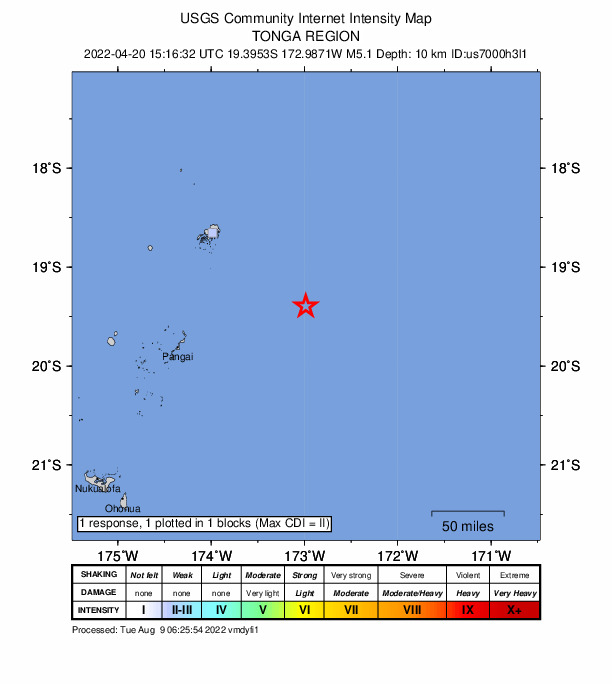 USGS DYFI community-reported intensity map for the M5.1 earthquake near 133 km SE of Neiafu, Tonga