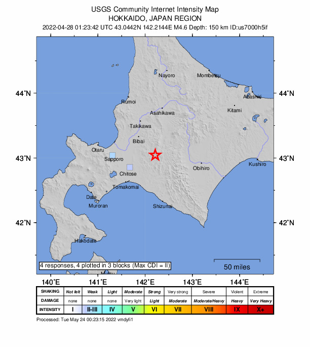USGS DYFI community-reported intensity map for the M4.6 earthquake near 35 km SSW of Shimo-furano, Japan