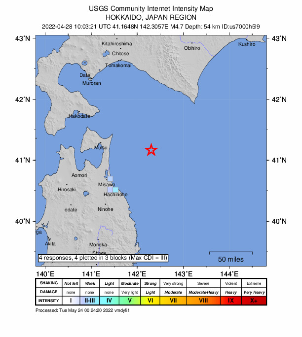 USGS DYFI community-reported intensity map for the M4.7 earthquake near 91 km E of Mutsu, Japan