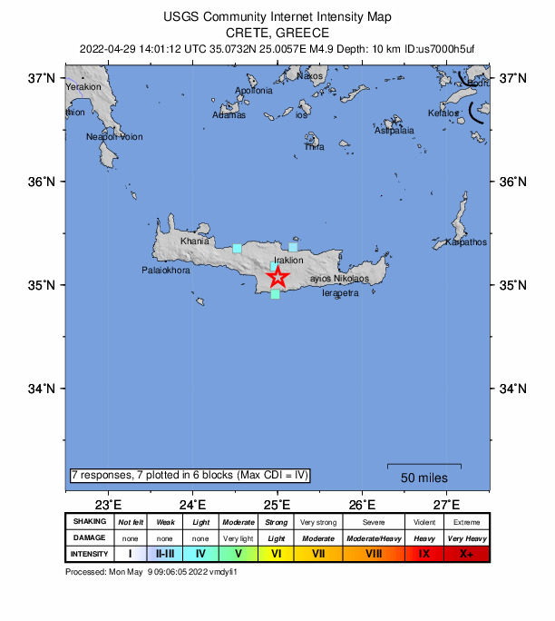 USGS DYFI community-reported intensity map for the M4.9 earthquake near 7 km S of Agía Varvára, Greece