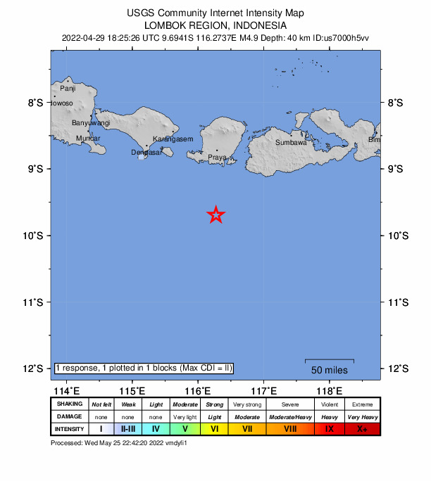 USGS DYFI community-reported intensity map for the M4.9 earthquake near 110 km SSE of Lembar, Indonesia