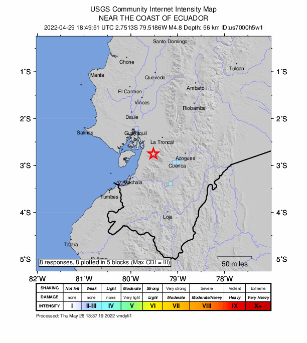 USGS DYFI community-reported intensity map for the M4.8 earthquake near 14 km SE of Naranjal, Ecuador