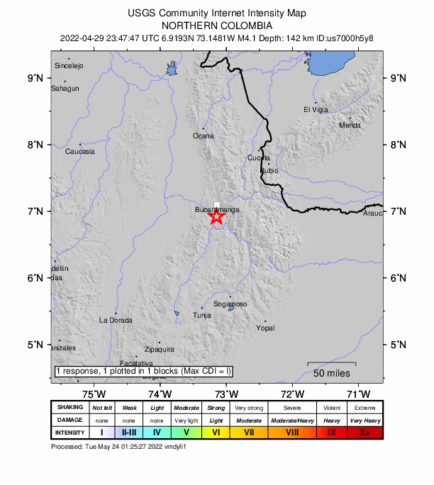 USGS DYFI community-reported intensity map for the M4.1 earthquake near 13 km SW of Piedecuesta, Colombia