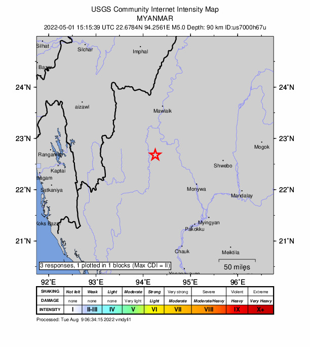 USGS DYFI community-reported intensity map for the M5.0 earthquake near 64 km ESE of Falam, Myanmar