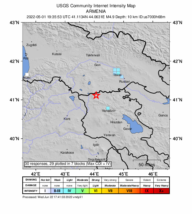 USGS DYFI community-reported intensity map for the M4.9 earthquake near 17 km SW of Metsavan, Armenia
