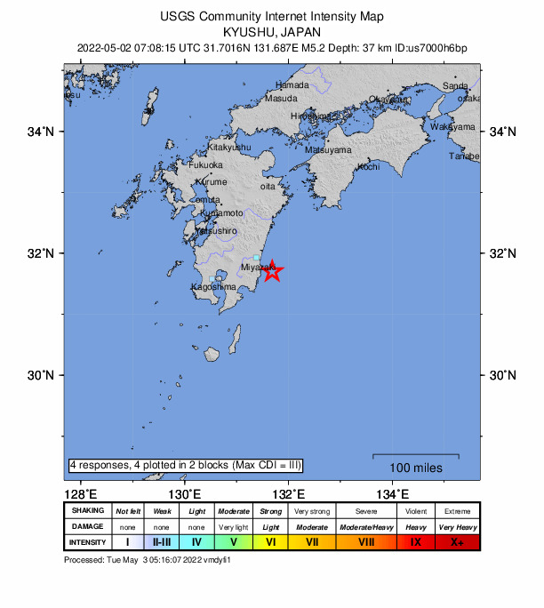 USGS DYFI community-reported intensity map for the M5.1 earthquake near 31 km E of Nichinan, Japan