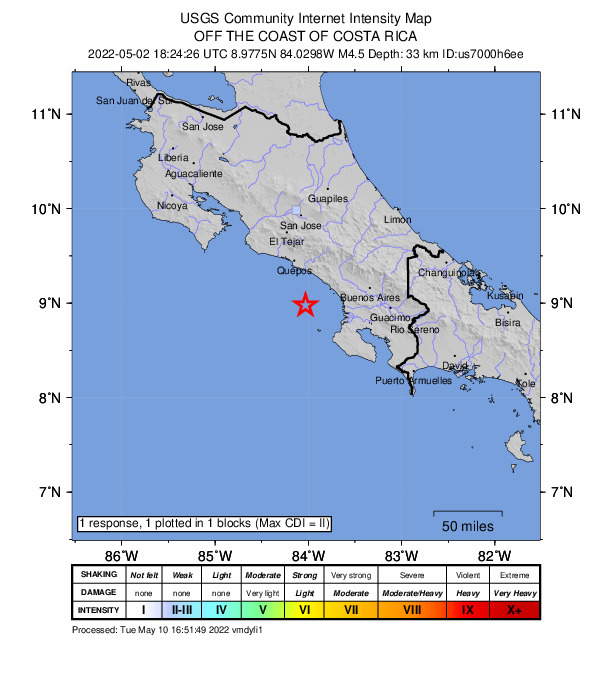 USGS DYFI community-reported intensity map for the M4.5 earthquake near 52 km SSE of Quepos, Costa Rica