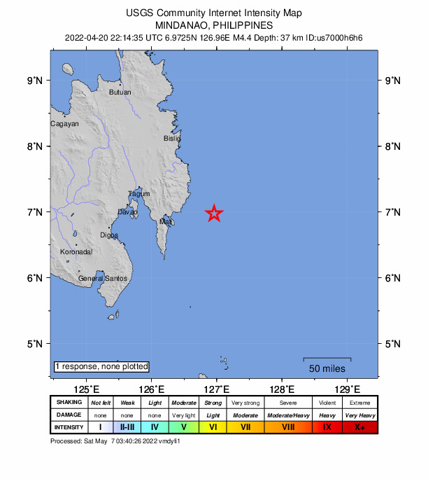 USGS DYFI community-reported intensity map for the M4.4 earthquake near 53 km ESE of Manay, Philippines