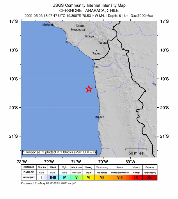 USGS DYFI community-reported intensity map for the M4.1 earthquake near 101 km SSW of Arica, Chile