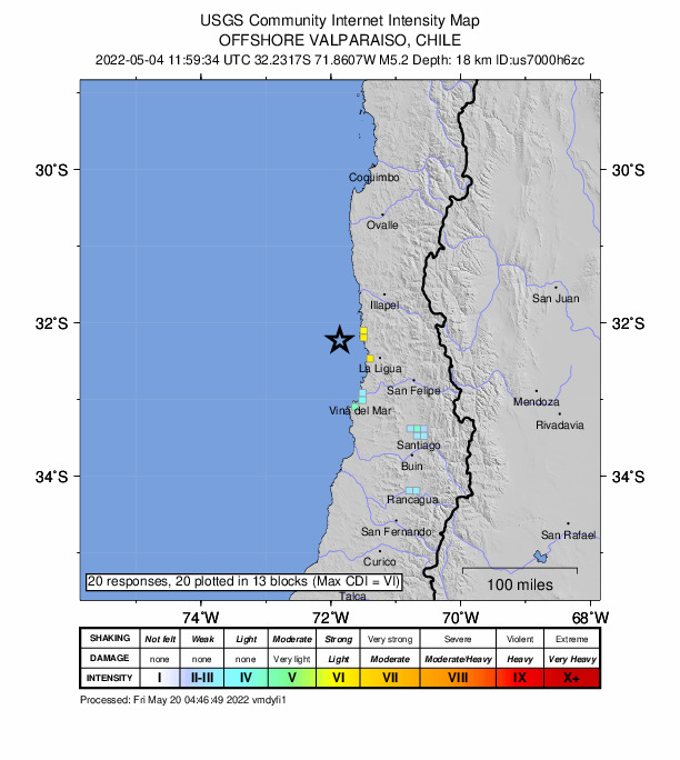 USGS DYFI community-reported intensity map for the M5.2 earthquake near 61 km WNW of La Ligua, Chile