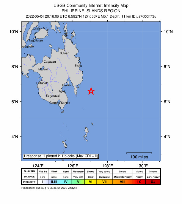 USGS DYFI community-reported intensity map for the M5.1 earthquake near 83 km ESE of Lukatan, Philippines