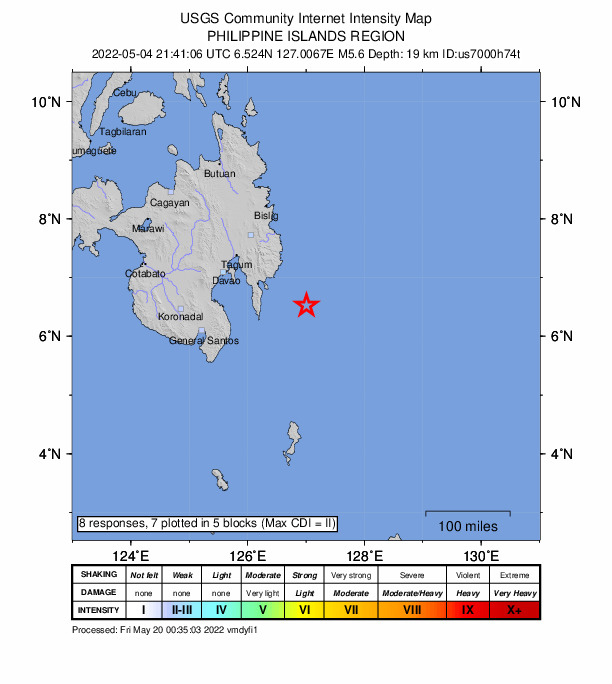 USGS DYFI community-reported intensity map for the M5.6 earthquake near 90 km ESE of Bobon, Philippines