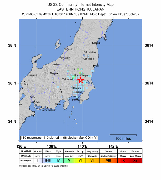 USGS DYFI community-reported intensity map for the M5.0 earthquake near 6 km N of Sakai, Japan