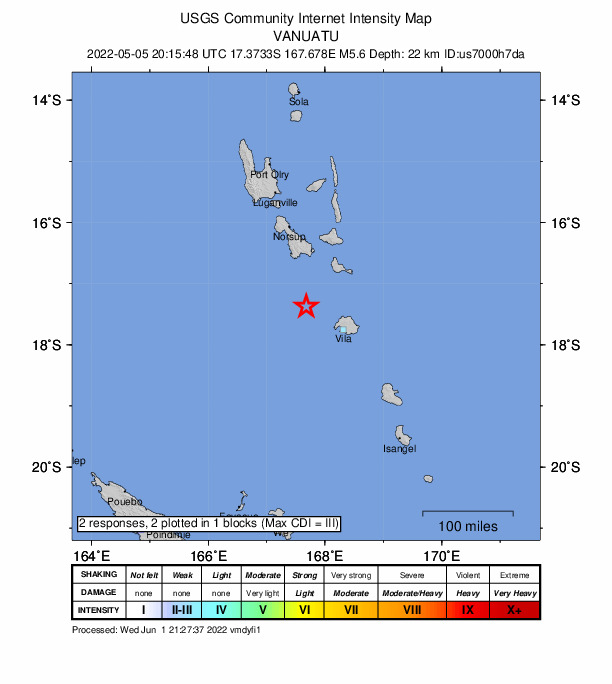 USGS DYFI community-reported intensity map for the M5.6 earthquake near 78 km WNW of Port-Vila, Vanuatu