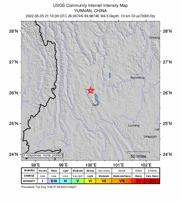 USGS DYFI community-reported intensity map for the M4.5 earthquake near 58 km NNW of Dali, China
