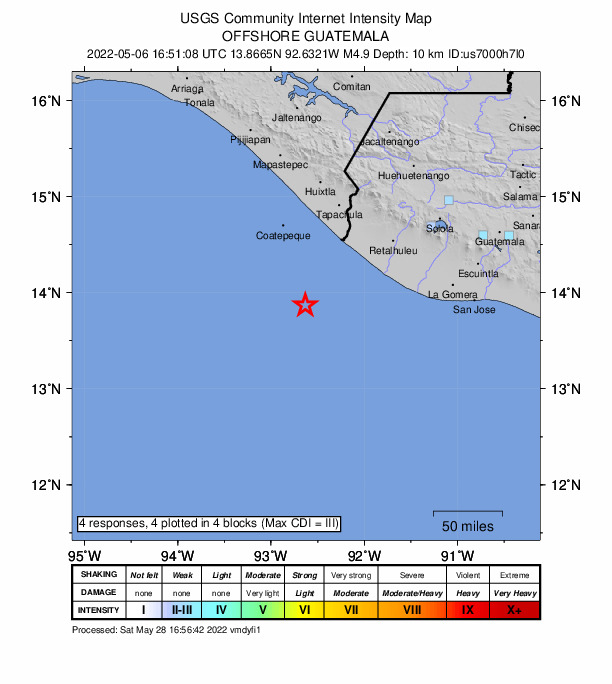 USGS DYFI community-reported intensity map for the M4.9 earthquake near 111 km SW of Ocós, Guatemala