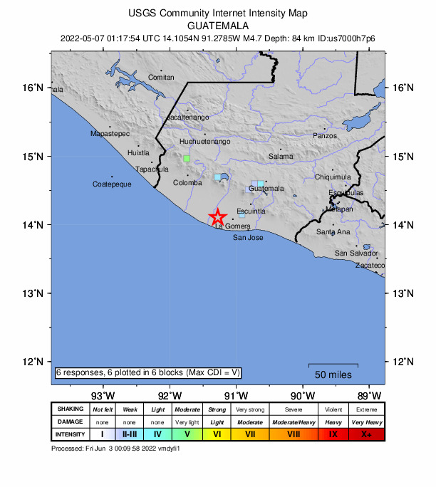 USGS DYFI community-reported intensity map for the M4.7 earthquake near 10 km SSE of Nueva Concepción, Guatemala