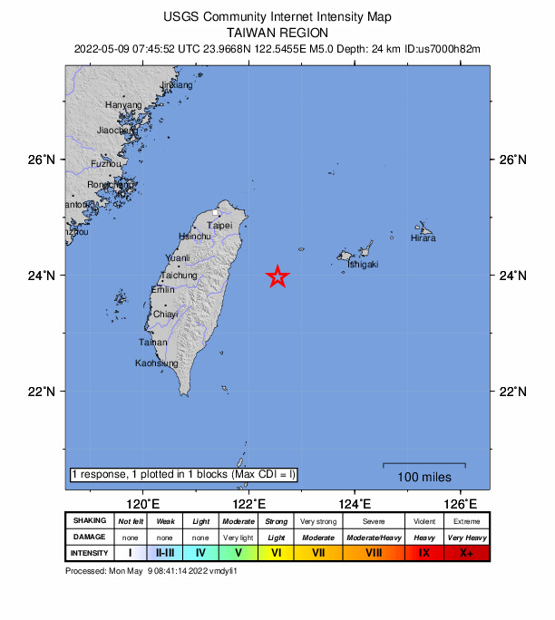 USGS DYFI community-reported intensity map for the M5.0 earthquake near 69 km SW of Yonakuni, Japan